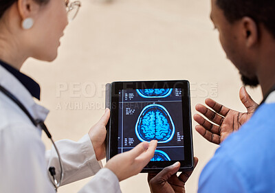 Buy stock photo Tablet, cancer or x ray of the brain with a doctor and nurse talking in a hospital for diagnosis closeup. Medical, technology and healthcare with a professional medicine team in a clinic for review