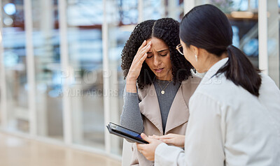 Buy stock photo Stress, results and doctor with a woman and tablet for healthcare advice, medical news or problem. Sad, talking and a surgeon speaking to a sick patient with technology and feedback on a test