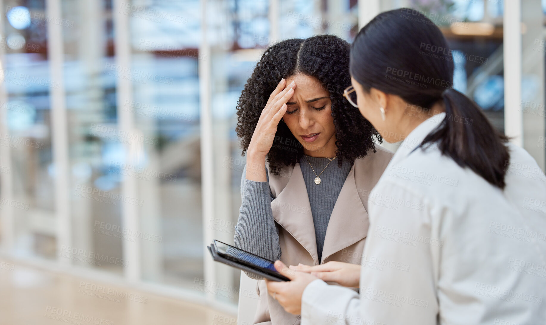Buy stock photo Stress, results and doctor with a woman and tablet for healthcare advice, medical news or problem. Sad, talking and a surgeon speaking to a sick patient with technology and feedback on a test