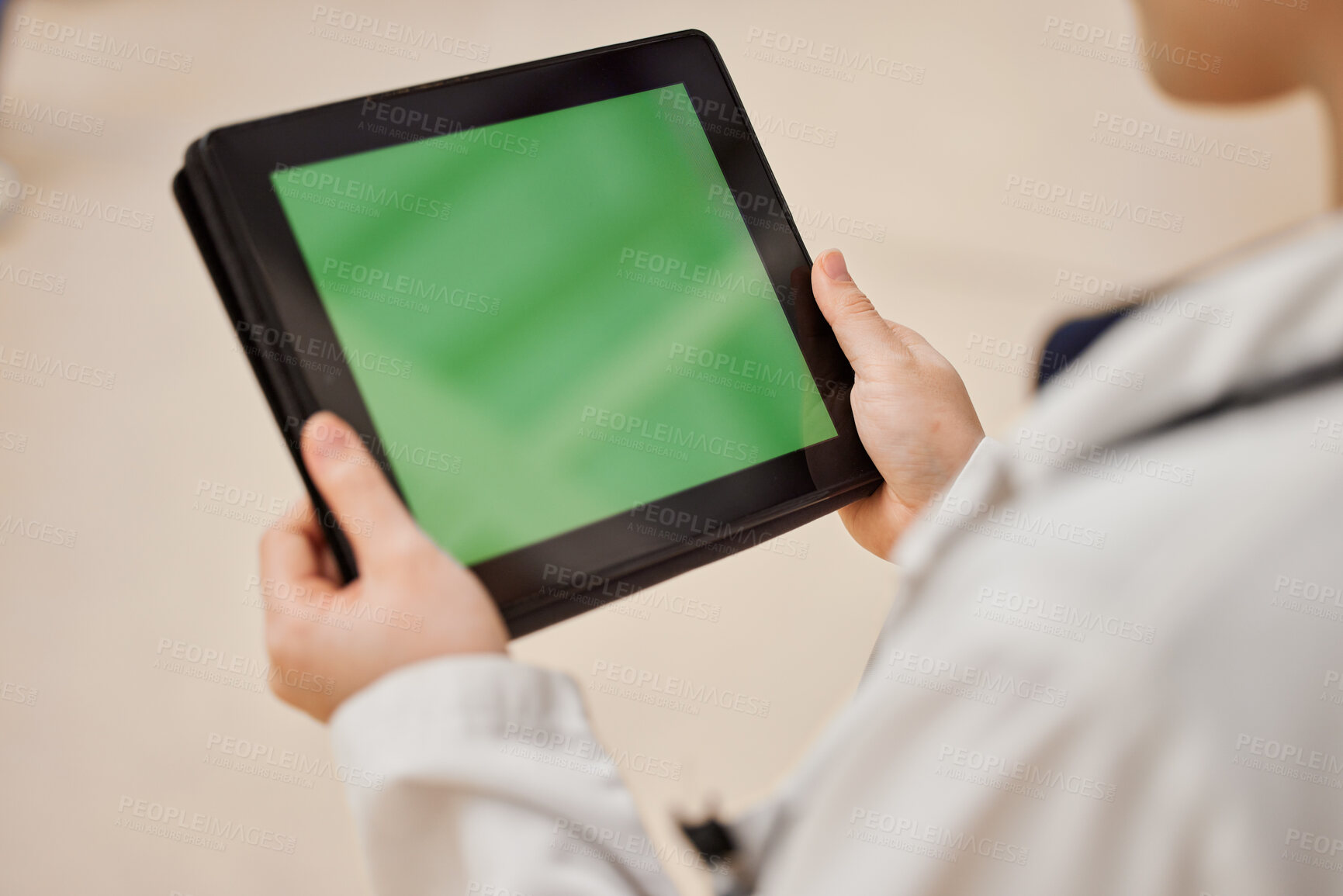 Buy stock photo Hands, healthcare and green screen on a tablet with a doctor in the hospital for review or diagnosis. Medical, website or research with blank chromakey space on an empty display or screen in a clinic
