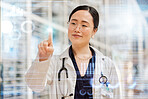 Doctor, woman and medical screen hologram, biometric data and healthcare dashboard in futuristic technology. Professional asian person press, fingerprint and clinic research or health results overlay