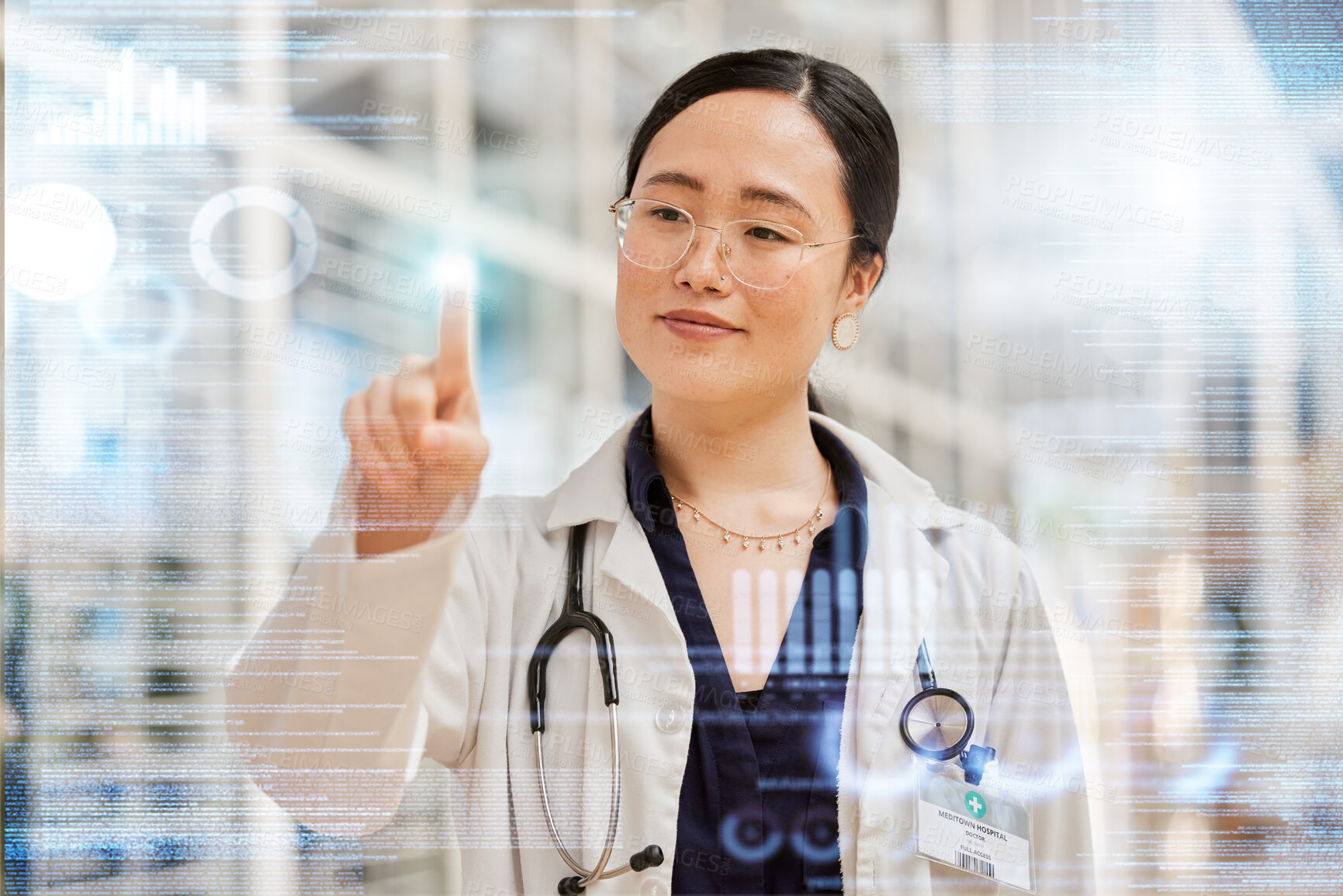 Buy stock photo Doctor, woman and medical screen hologram, biometric data and healthcare dashboard in futuristic technology. Professional asian person press, fingerprint and clinic research or health results overlay