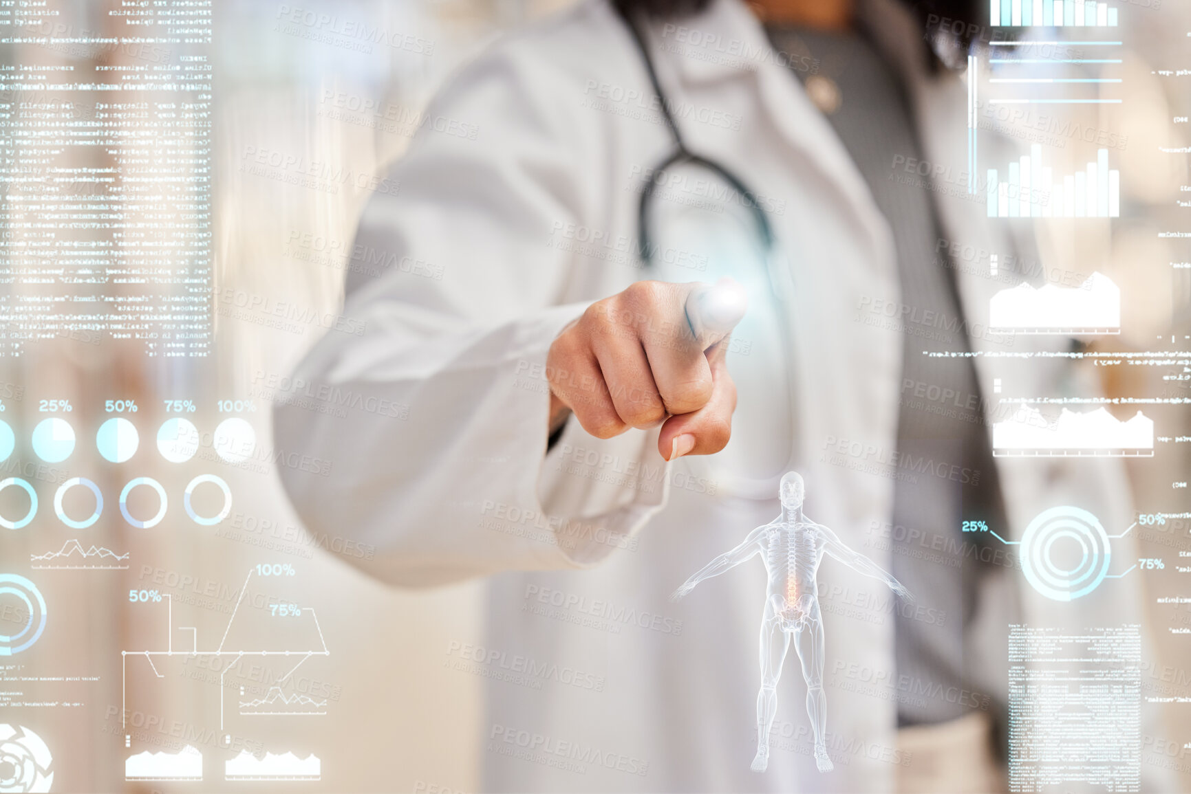 Buy stock photo Doctor, hands and medical screen hologram, biometric data and healthcare dashboard for futuristic technology. Professional person press, fingerprint and anatomy research, results and clinic overlay