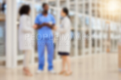 Buy stock photo Blurred hospital, doctors and team of nurses consulting for medical services, advice and expert management. Defocused group of healthcare employees meeting for wellness, support or planning in clinic