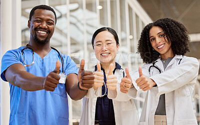 Buy stock photo Thumbs up, success and team of doctors for healthcare support, thank you or excellence in hospital services. Medical group of people like, yes and okay hands or emoji, clinic diversity and portrait