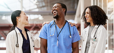 Buy stock photo Doctors, healthcare and medical team laughing together in a hospital with teamwork and collaboration. Diversity, happy and professional man and women with support, funny joke and career in medicine