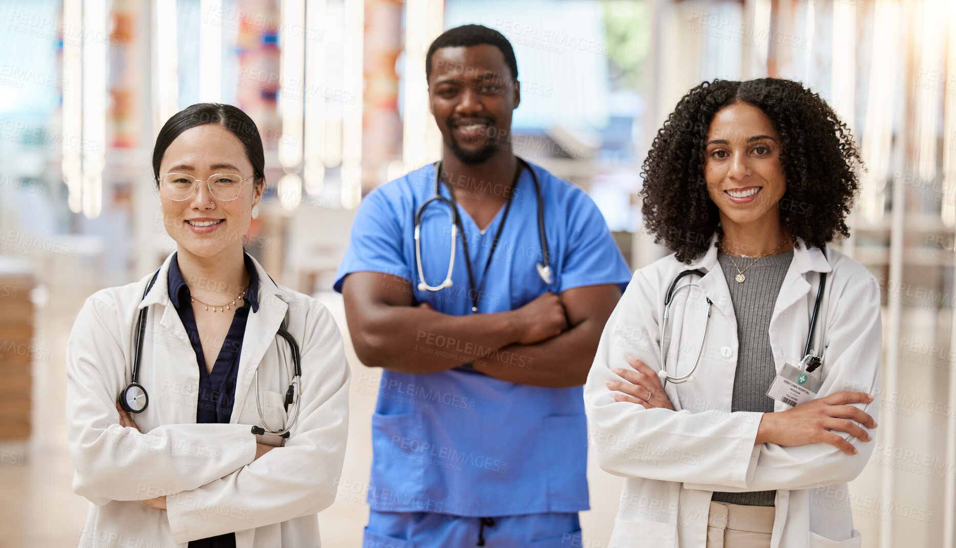 Buy stock photo Medical group, doctors and portrait for hospital service, healthcare and teamwork with clinic diversity. Professional medical people, women or nurses in internship, health management and arms crossed