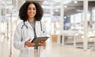 Buy stock photo Happy, doctor and portrait of woman with tablet for research, telehealth or healthcare in hospital. Medical professional, face smile and tech of person, expert worker and employee from South Africa
