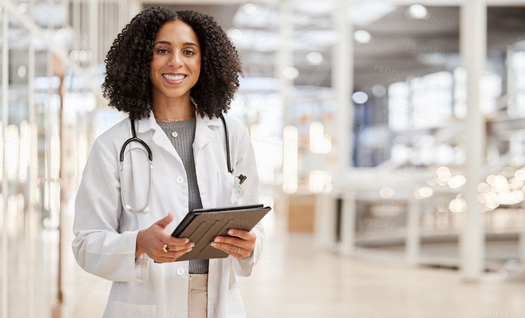 Buy stock photo Happy, doctor and portrait of woman with tablet for research, telehealth or healthcare in hospital. Medical professional, face smile and tech of person, expert worker and employee from South Africa