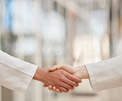 Buy stock photo Doctors, partnership and handshake for teamwork, collaboration and agreement. Shaking hands, medical professional and people in cooperation for healthcare, wellness and thank you, welcome and success