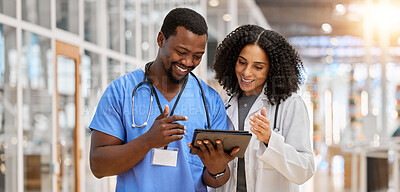 Buy stock photo Tablet, happy collaboration or doctors reading healthcare results, clinic success info or medicine report. Hospital services, analysis and medical nurse, surgeon or people partnership on research job