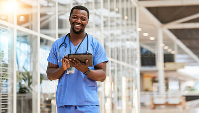 Buy stock photo Tablet, doctor and portrait of happy black man smile for  healthcare results, clinic trust or medicine report. Medical nurse, professional surgeon or African person research info on hospital database