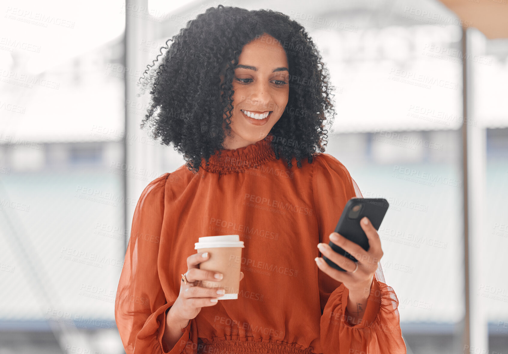 Buy stock photo Chat, coffee and a woman with a phone at work for social media, email check or internet information. Smile, break and a young corporate employee on a mobile app and a drink in an office for business