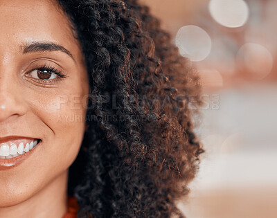 Buy stock photo Business woman, smile and portrait closeup with confidence, work pride and happy. Worker, professional and female employee from Brazil at company with face and ready for creative job with bokeh