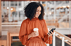 Reading notification, coffee and woman with a phone at work for social media, email check or internet. Smile, break and young corporate employee on a mobile app and a drink in an office for business