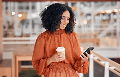 Buy stock photo Reading notification, coffee and woman with a phone at work for social media, email check or internet. Smile, break and young corporate employee on a mobile app and a drink in an office for business