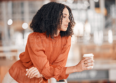 Buy stock photo Business woman, thinking and coffee at work with focus, mindset and concentration at office. Profile of an african female entrepreneur with cup to dream of opportunity, ideas and vision for career