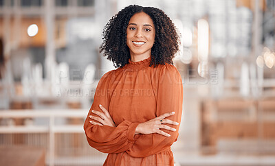Buy stock photo Smile, arms crossed and portrait of a woman at work for business pride and corporate confidence. Happy, office and a young employee with career empowerment and job motivation in the workplace