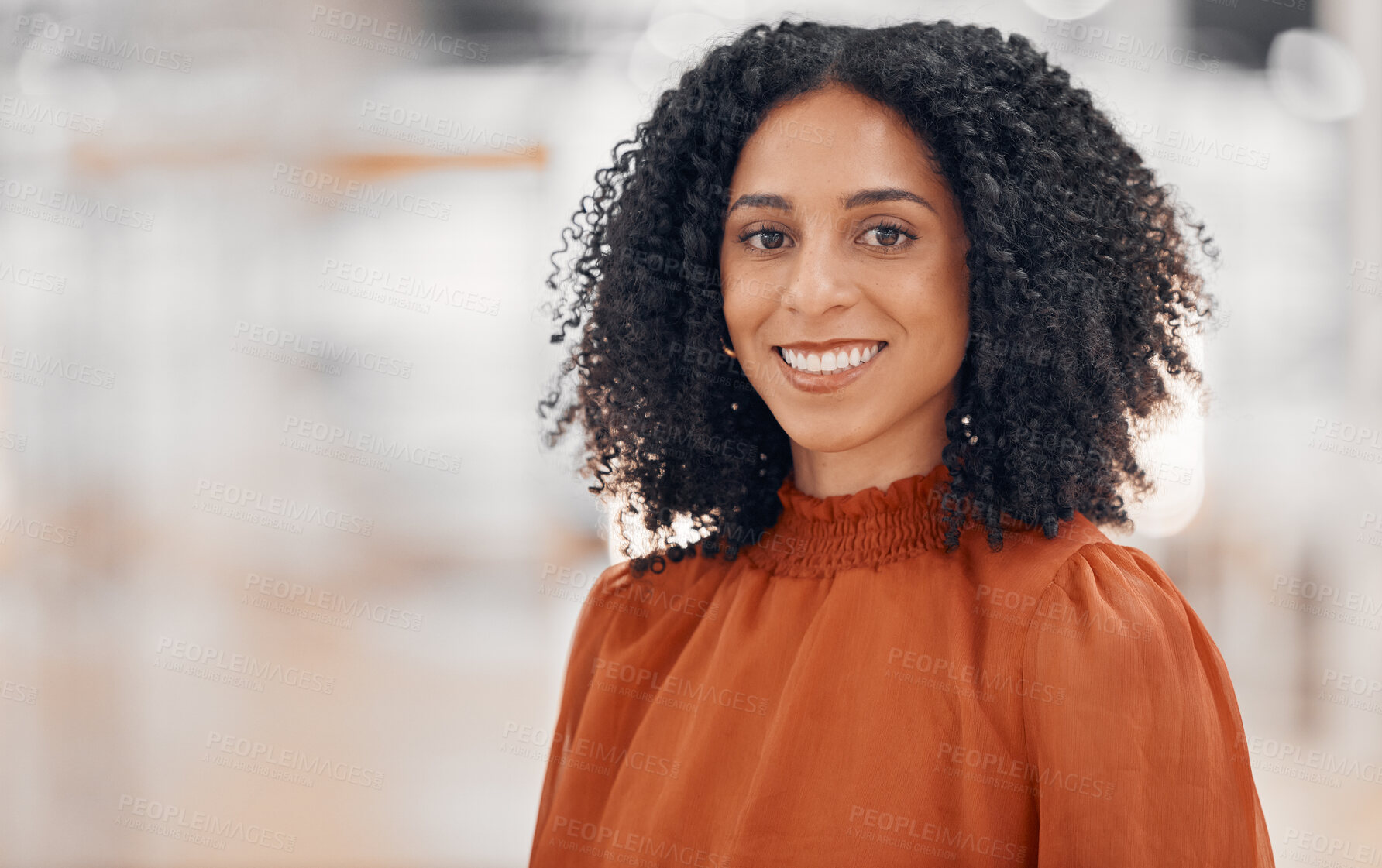 Buy stock photo Portrait, business and woman with a smile, career ambition and confidence with consultant, happy or entrepreneur. Face, female person or employee with mockup space, corporate or Jamaican professional