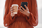 Woman hands, coffee cup and phone for social media planning, business marketing and e commerce communication. Startup, mobile chat and professional person typing a cafe review and online blog update