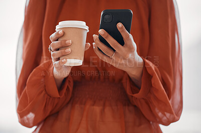 Buy stock photo Woman hands, coffee cup and phone for social media planning, business marketing and e commerce communication. Startup, mobile chat and professional person typing a cafe review and online blog update