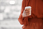 Business, woman hands or disposable coffee cup with mockup space in cafeteria of office. Closeup of worker with paper container for drinking takeaway espresso, cappuccino or latte beverage for energy