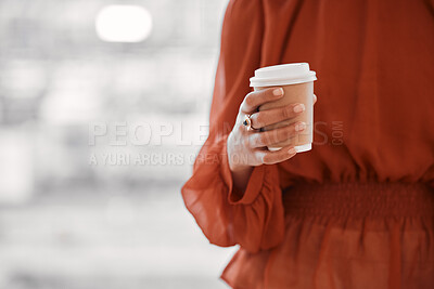 Buy stock photo Business, woman hands or disposable coffee cup with mockup space in cafeteria of office. Closeup of worker with paper container for drinking takeaway espresso, cappuccino or latte beverage for energy