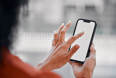 Buy stock photo Woman hands, phone screen and space for social media, online scroll and Web 3.0 ui or ux design mockup. Business person FAQ, information and contact on mobile technology typing, search and marketing