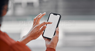 Buy stock photo Woman hands, phone screen and mockup for social media, online scroll and Web 3.0 ui or ux design space. Business FAQ, information and contact on mobile technology for job search and career marketing 