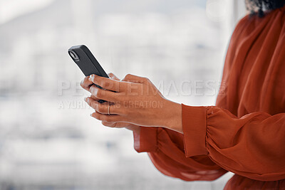 Buy stock photo Closeup hand, phone and networking of a person for business, social media or online app on bokeh. Office, digital and an employee or worker with a mobile for a contact, web news or cellphone typing