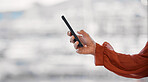 Closeup hand, phone and email of a person for business, social media or online app on bokeh. Office, digital and an employee or worker with a mobile for a contact, web news or cellphone typing