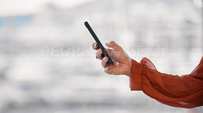 Buy stock photo Closeup hand, phone and email of a person for business, social media or online app on bokeh. Office, mockup space and an employee or worker with a mobile for a contact, web news or cellphone typing