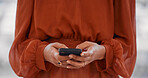 Woman, hands and typing in office with smartphone for social network, mobile website and digital contact. Closeup of worker texting on cellphone, reading business notification and search media on app