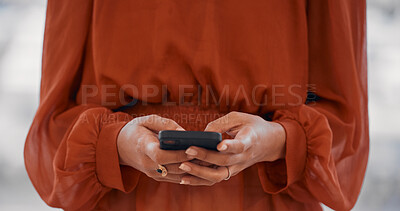 Buy stock photo Woman, hands and typing in office with smartphone for social network, mobile website and digital contact. Closeup of worker texting on cellphone, reading business notification and search media on app