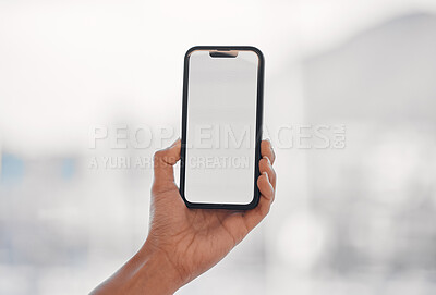 Buy stock photo Closeup, mockup and hand with a smartphone, screen and social media with network, connection and email. Cellphone, person and contact with mobile app, blank ux and chat with data, sms and message