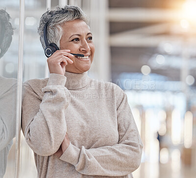 Buy stock photo Call center, mature woman and microphone for communication, customer service or thinking of telecom questions. Telemarketing agent consulting for CRM support, sales and solution for FAQ advisory help