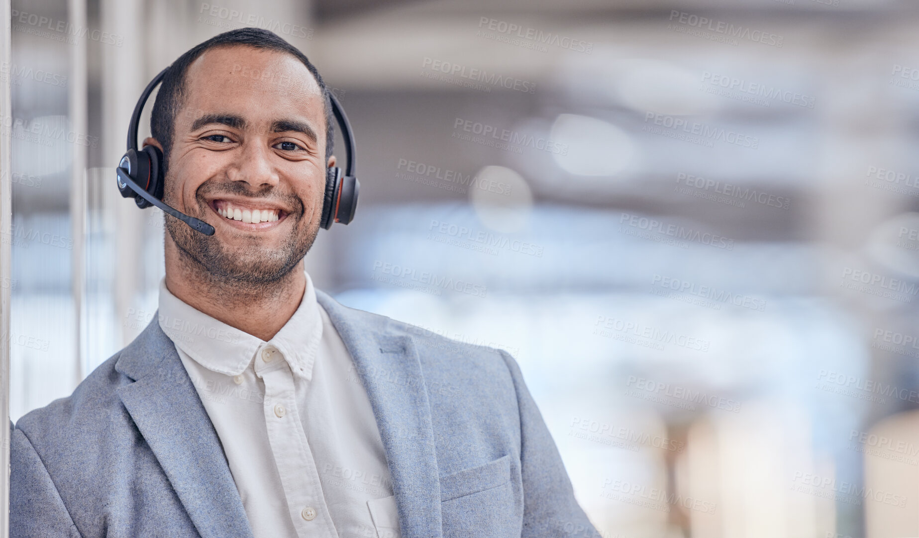 Buy stock photo Call center, face and happy man in office for telemarketing, support or crm with mockup space. Portrait, contact us and customer service professional, sales agent or business consultant from Brazil