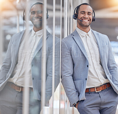 Buy stock photo Call center, portrait and happy man with confidence in office for telemarketing, support or crm. Smile, contact us and customer service professional, sales agent or business consultant from Brazil.