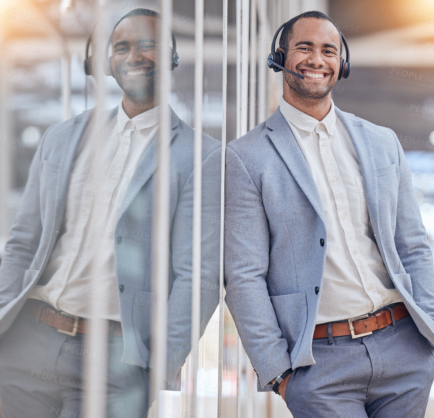 Buy stock photo Call center, portrait and happy man with confidence in office for telemarketing, support or crm. Smile, contact us and customer service professional, sales agent or business consultant from Brazil.