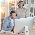 Training, happy man or senior manager in call center coaching telemarketing in customer services. Contact us, crm training or funny leader teaching an insurance agent on new job tasks on a computer 