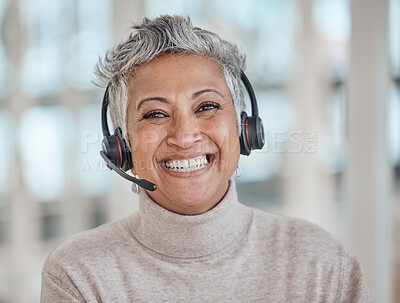 Buy stock photo Call center, mature and face of woman with headphones in office for telemarketing, support or contact. Smile, portrait and customer service professional, sales manager or happy consultant from India