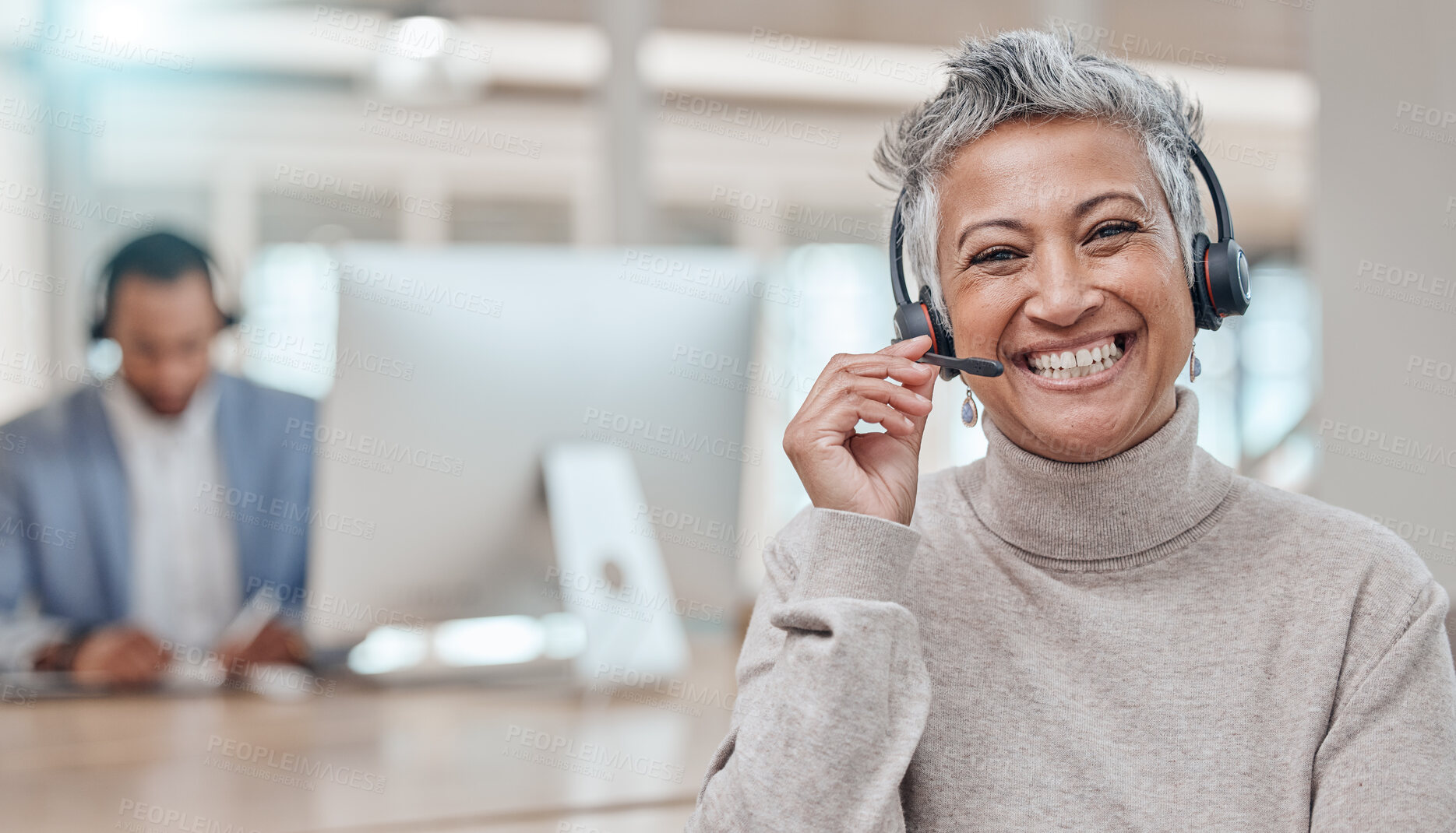 Buy stock photo Call center, mature and face of woman with microphone in office for telemarketing, support or contact. Smile, portrait and customer service professional, sales manager or happy consultant listening