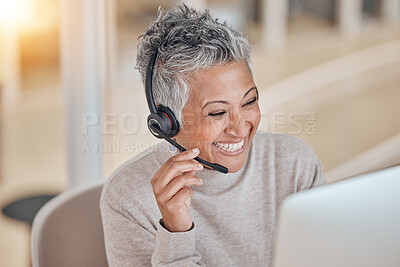 Buy stock photo Computer, smile and a senior woman in a call center for customer service, support or assistance online. Contact, headset and a happy female consultant working at a desk in her professional crm office