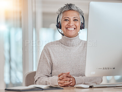 Buy stock photo Portrait, computer and happy with a senior woman in a call center for customer service, support or assistance online. Contact, smile and an elderly consultant working at a desk in her crm office