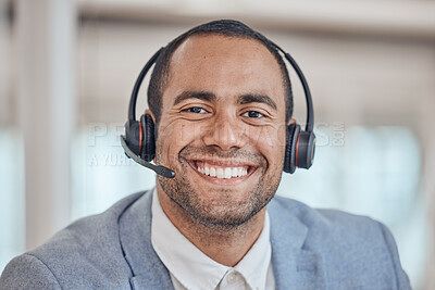 Buy stock photo Call center, smile and face of man with headphones in office for telemarketing, support and crm. Contact us, portrait and customer service professional, sales agent and happy consultant from Brazil