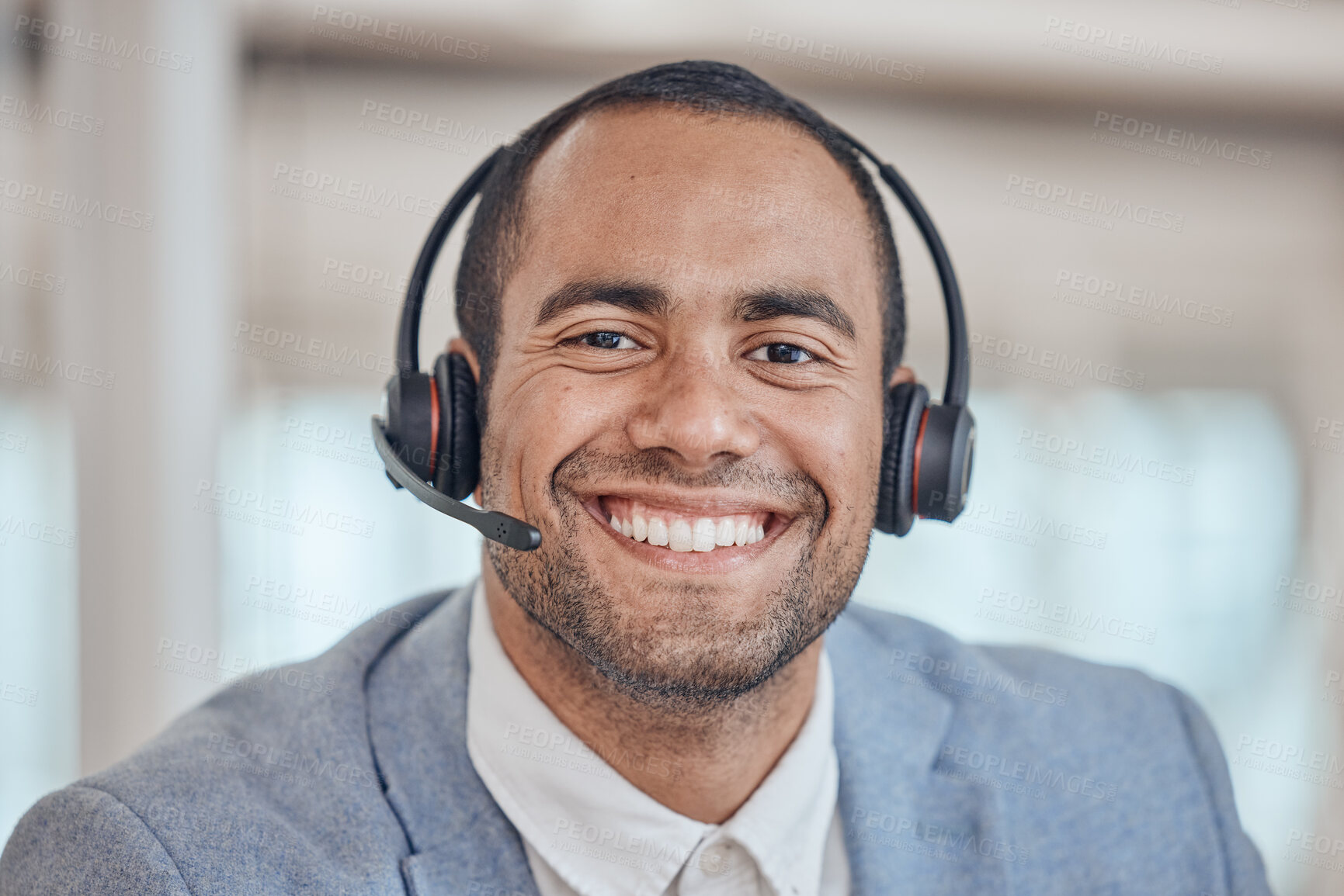 Buy stock photo Call center, smile and face of man with headphones in office for telemarketing, support and crm. Contact us, portrait and customer service professional, sales agent and happy consultant from Brazil