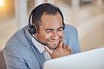 Call center, thinking and happy man at computer for telemarketing, support and crm in office. Contact us, reading and customer service professional, sales agent or consultant at help desk to focus