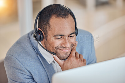 Buy stock photo Call center, thinking and happy man at computer for telemarketing, support and crm in office. Contact us, reading and customer service professional, sales agent or consultant at help desk to focus