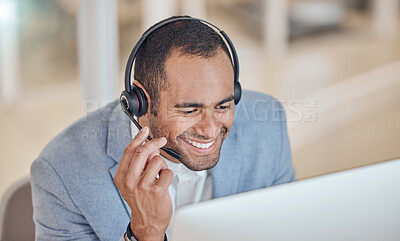 Buy stock photo Call center, smile and man at computer for telemarketing, support and crm in office. Contact us, reading and customer service professional, sales agent or consultant at help desk for listening online