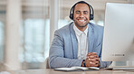 Call center, portrait and happy man at table for telemarketing, support and crm in office. Face, smile and customer service professional, sales agent or consultant, worker or employee at help desk